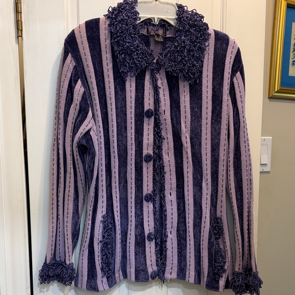 berek 2 Vintage Purple Chenille Fringe Striped Cardigan Sweater